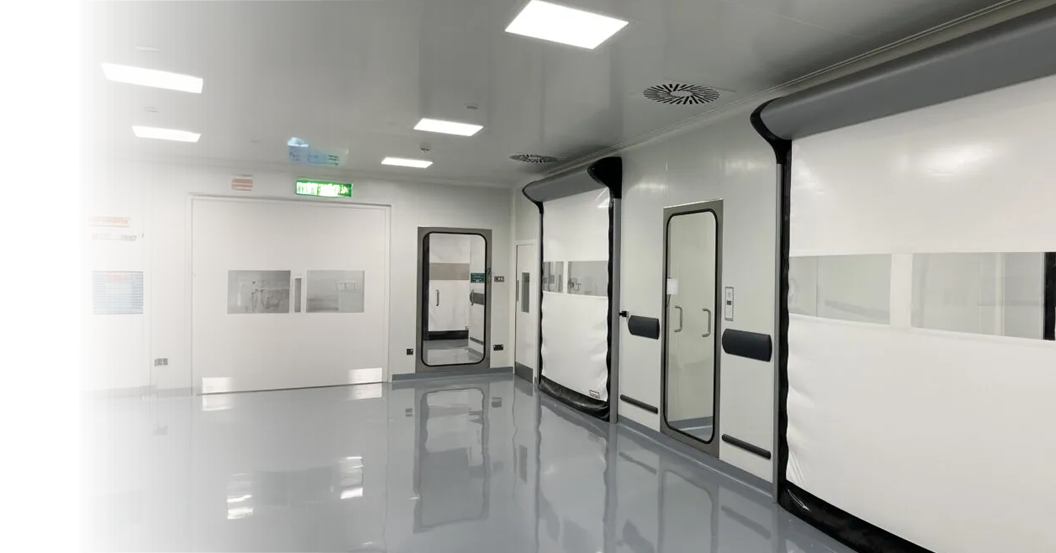 Cleanroom interior with observation window, sealed entry door and reflective epoxy flooring